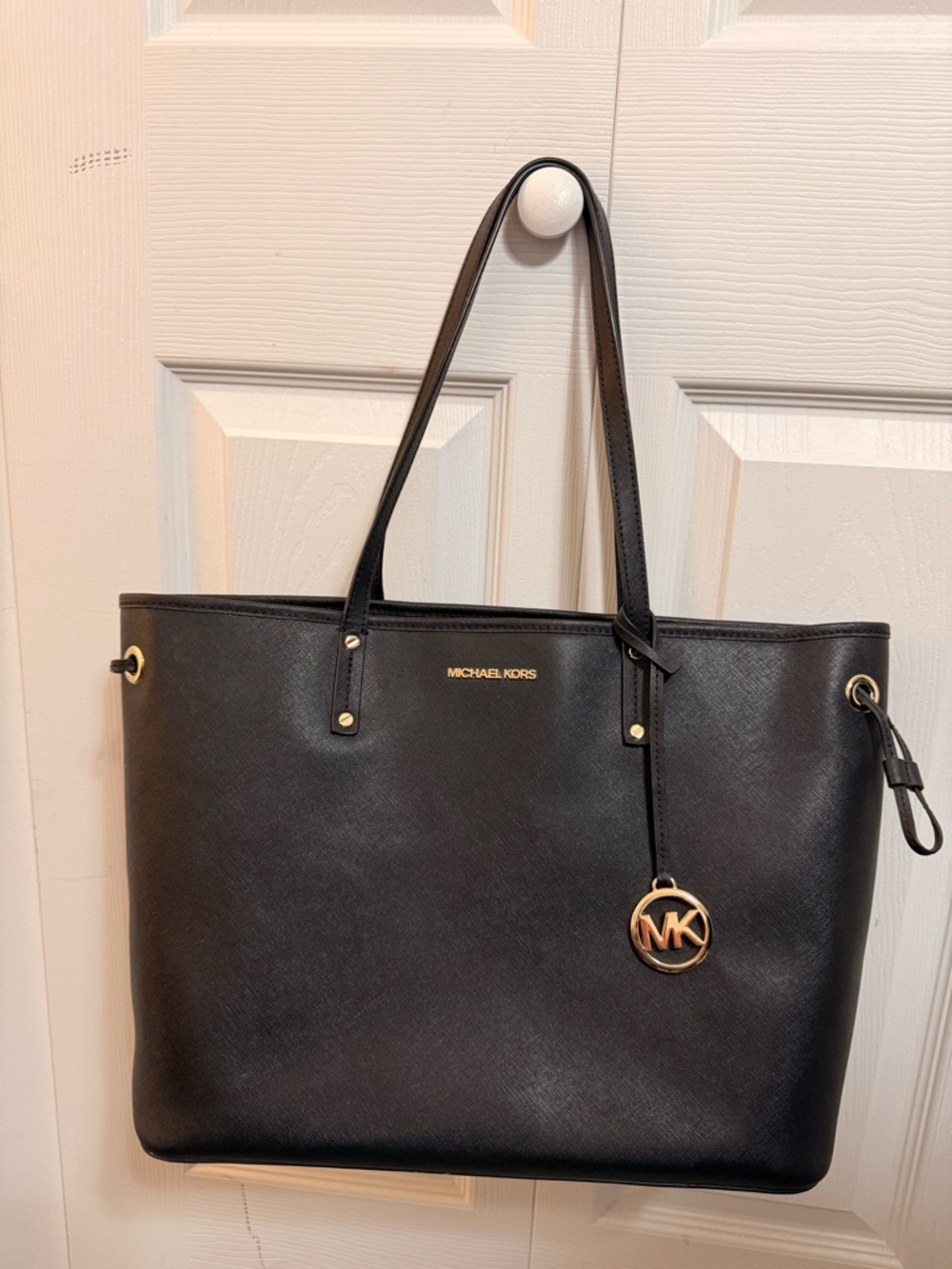 MICHAEL KORS Black Saffiano Leather Tote with Gold MK Charm